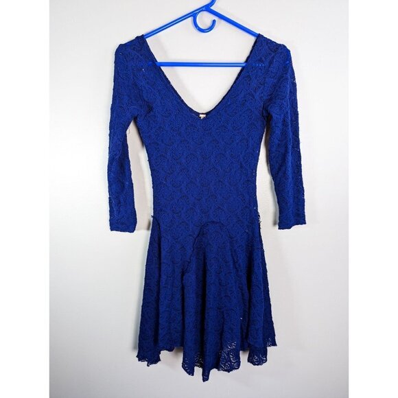 Free People Blue Katya V-Neck 3/4 Sleeve Paisley Stretch Lace Dress XS - Picture 4 of 12